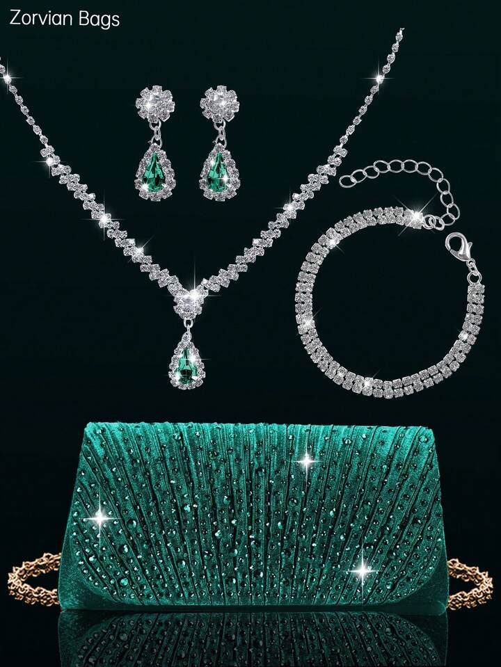 Bolsa verde com conjunto de joias